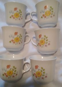 Corningware White Coffee Cups with Yellow and Orange Floral Pattern (Set of 4)